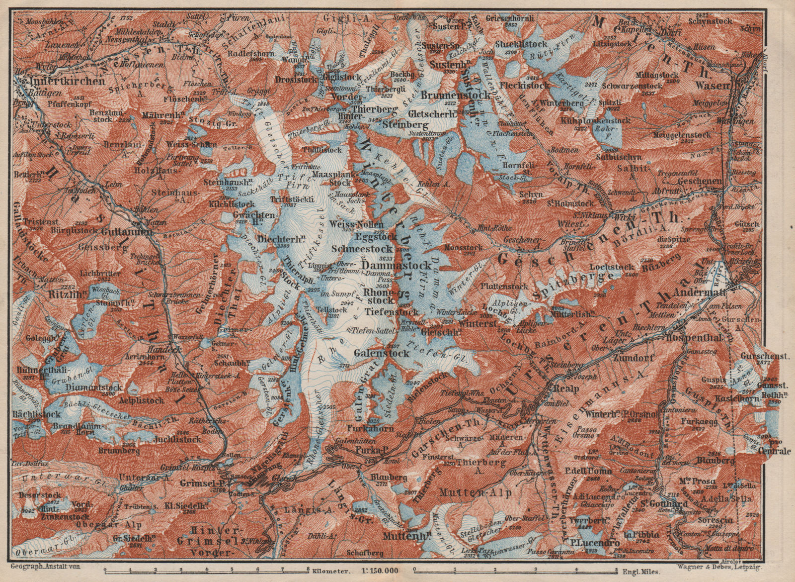 URNER/URI ALPS. Trift district. Andermatt Innertkirchen Dammastock 1897 map